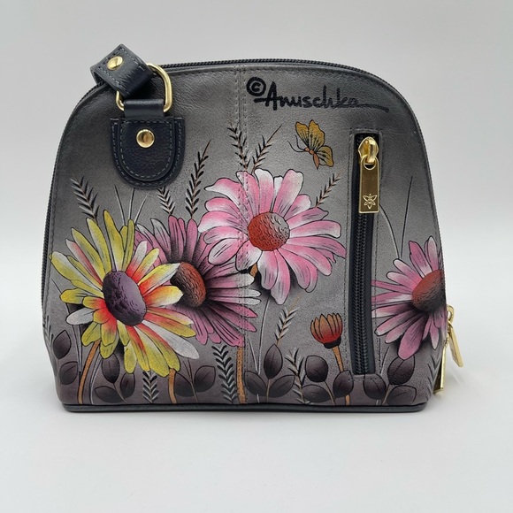 NEW Anuschka Small Multi Compartment Zip Dome Crossbody Hand Painted Wild Meadow - Picture 1 of 12